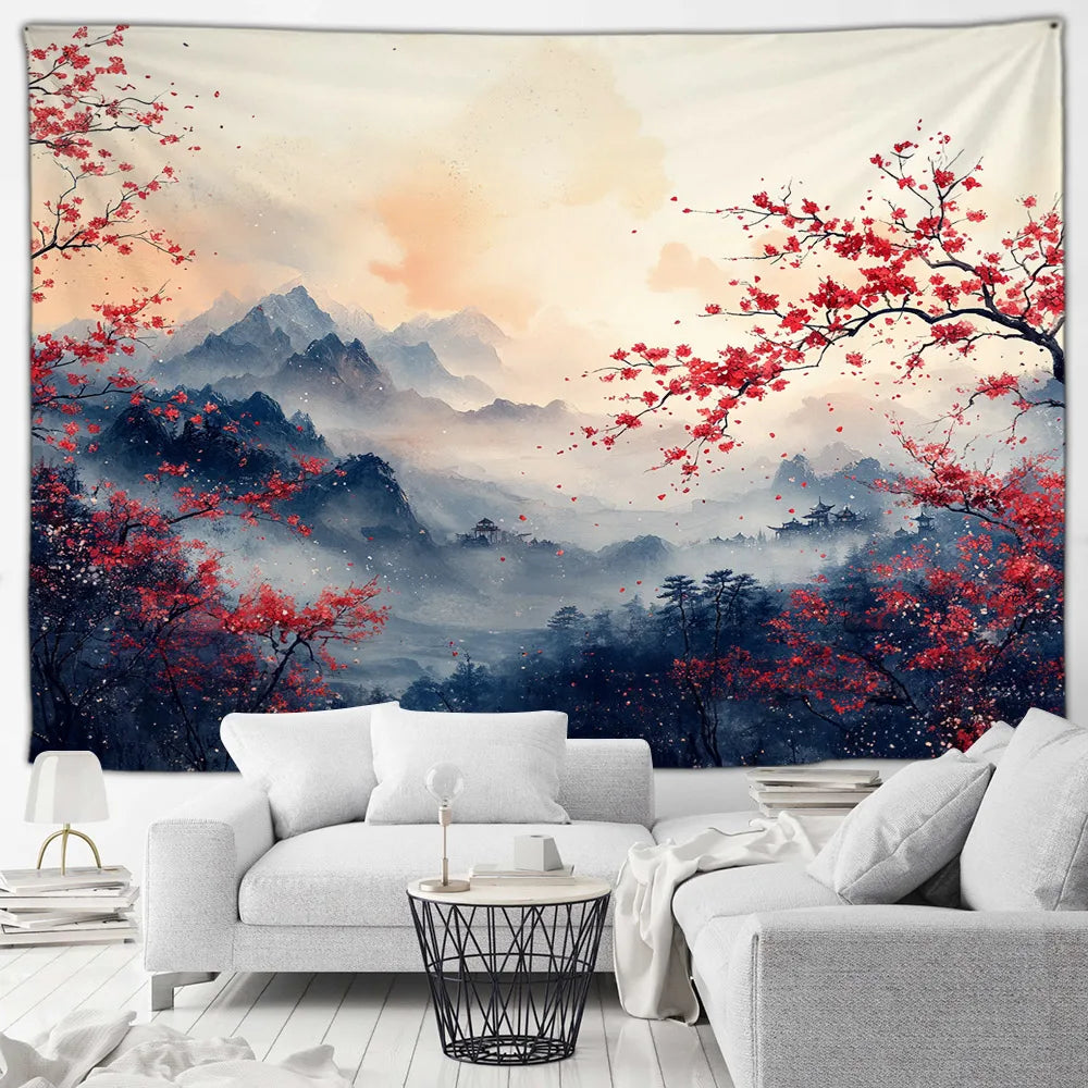 Tapisserie Japonaise Sakura - Montagnes & Fleurs de Cerisiers - Décoration Zen