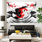 Tapisserie Murale Japonaise Koi Yin Yang - Décoration Zen, Carpes Rouge & Noir