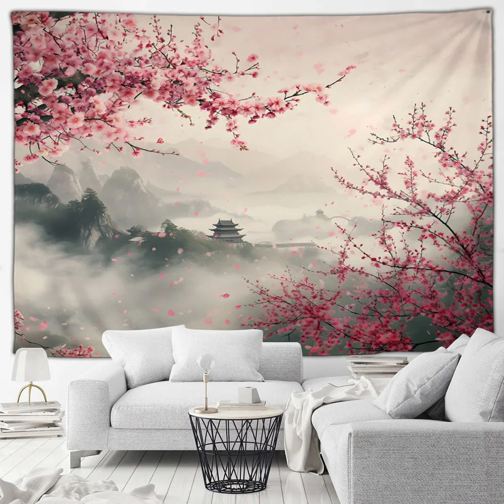 Tapisserie Japonaise Sakura - Montagnes & Fleurs de Cerisiers - Décoration Zen