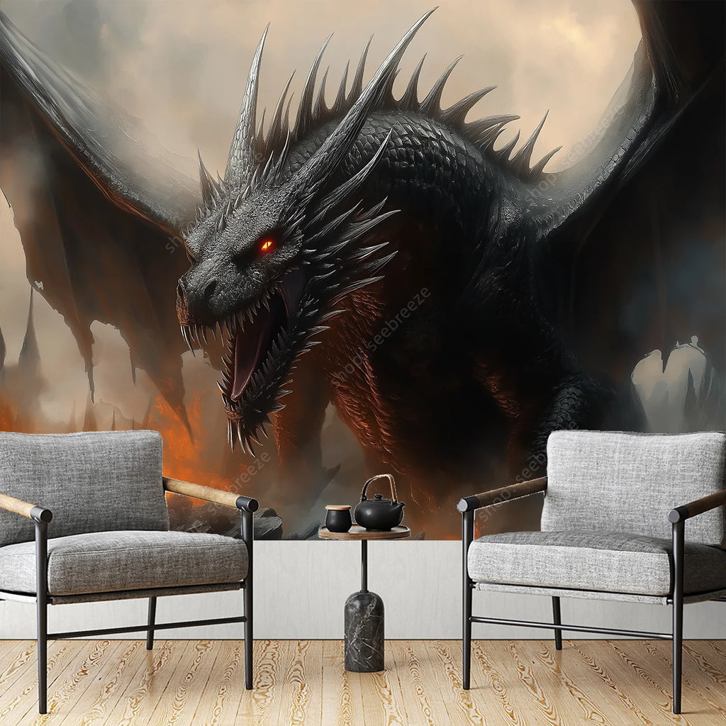 Tapisserie Murale Dragon Noir - Créature Fantastique & Décor Dark Fantasy