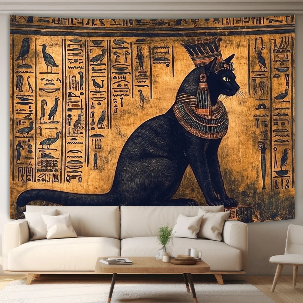 Tapisserie Murale Chat Egyptien - Art de l'Egypte Antique & Hiéroglyphes Dorés