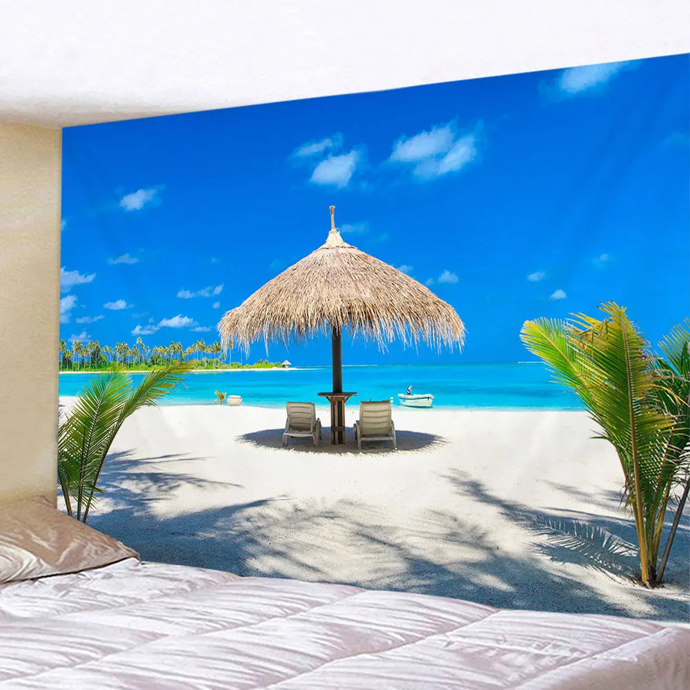 Tapisserie Murale Vue Méditerranéenne - Terrasse Fleurie & Village au Bord de l'Eau