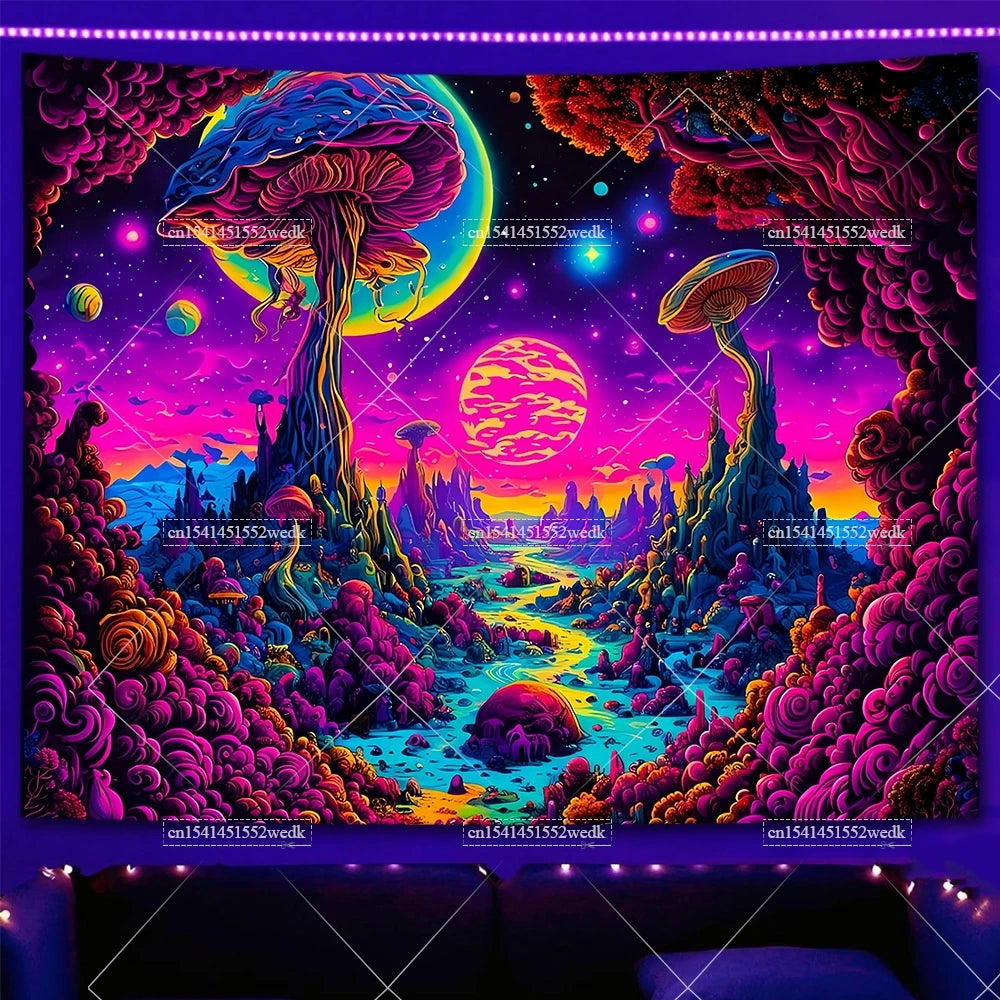 Tapisserie Murale Forêt Magique Néon - Paysage Psychédélique & Couleurs Lumineuses