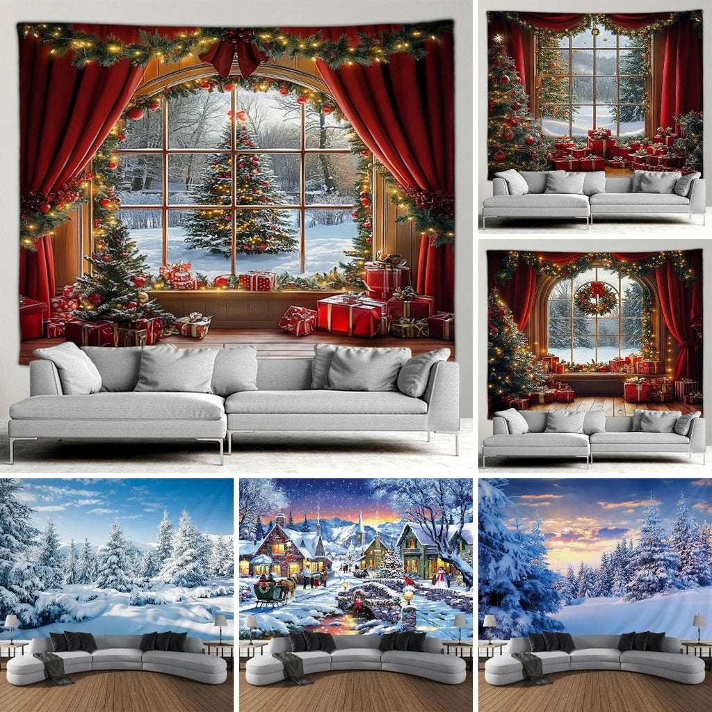 Tapisserie Murale Noël - Fenêtre Enneigée, Sapin & Décor Festif