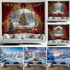 Tapisserie Murale Noël - Fenêtre Enneigée, Sapin & Décor Festif