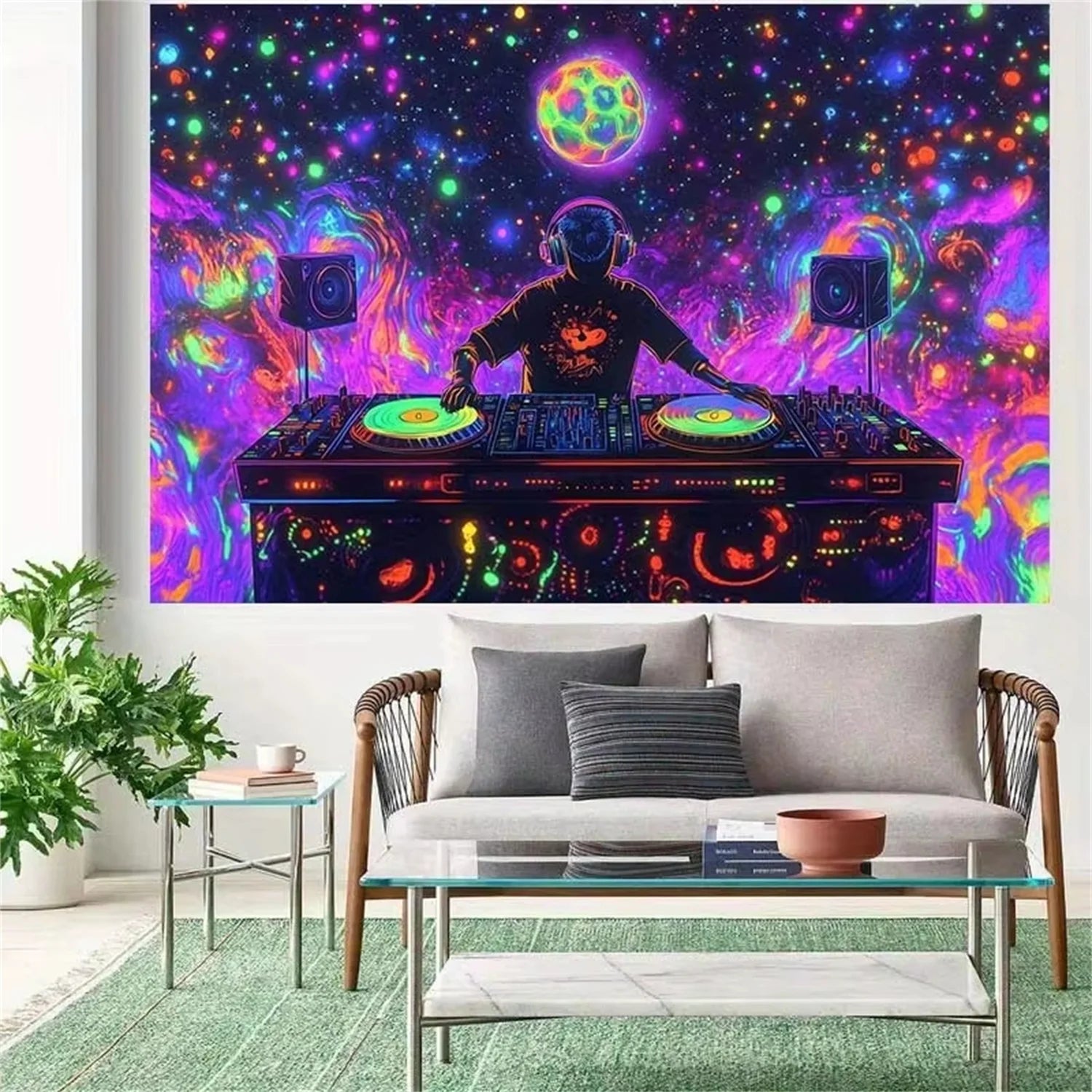 Tapisserie Murale DJ Néon - Galaxie Psychédélique - Décoration Ambiance