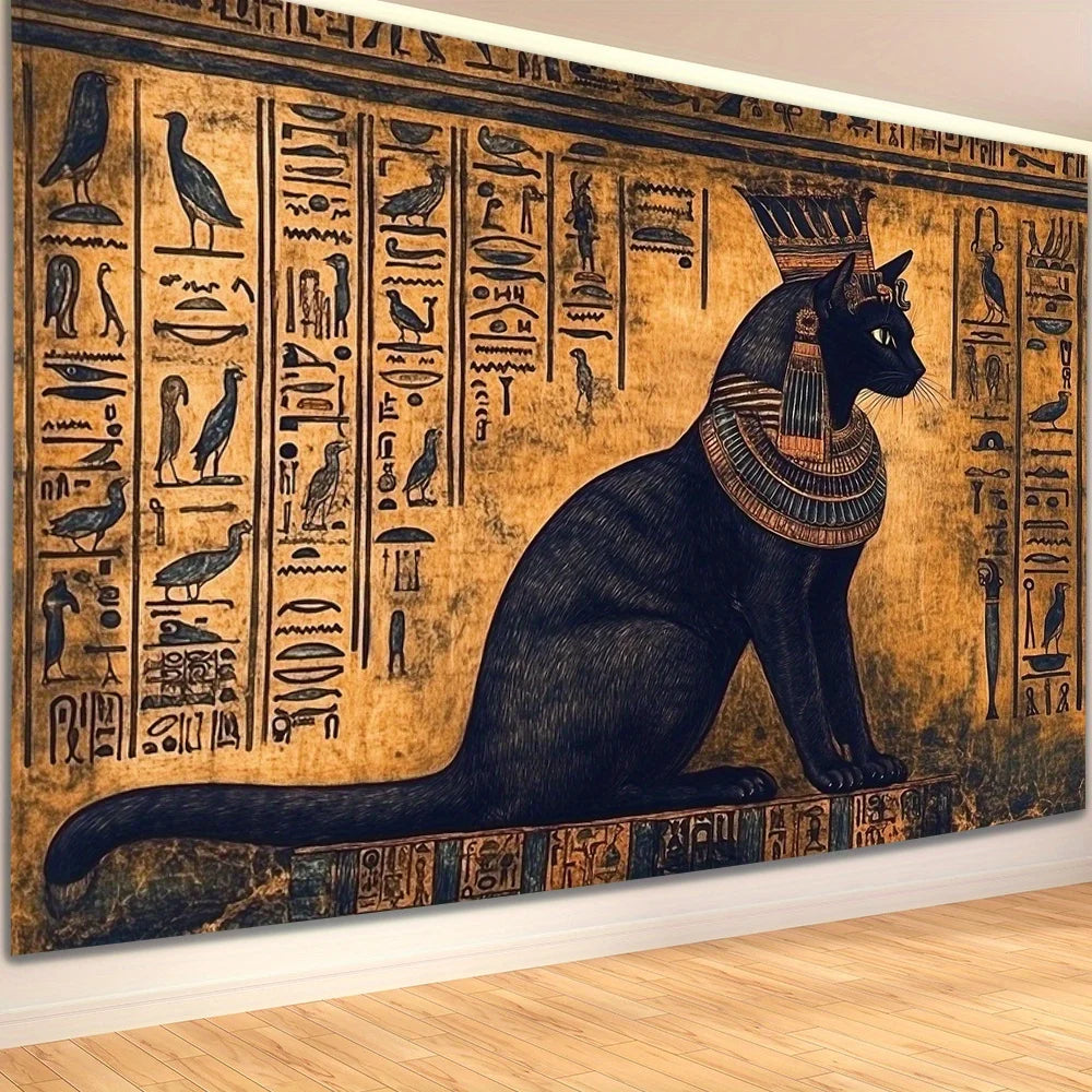 Tapisserie Murale Chat Egyptien - Art de l'Egypte Antique & Hiéroglyphes Dorés