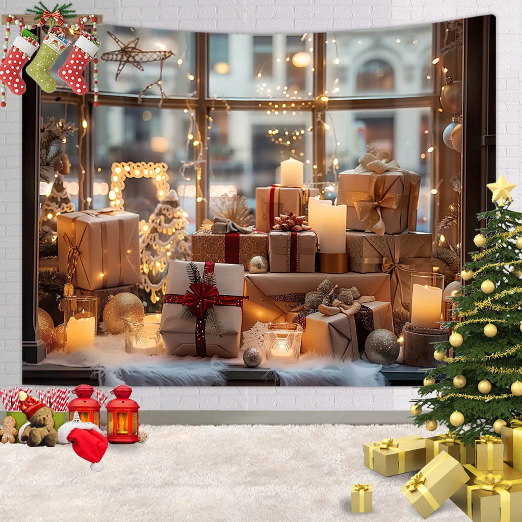Tapisserie Murale de Noël - Sapin, Bougies & Cadeaux - Décoration Festive Cosy