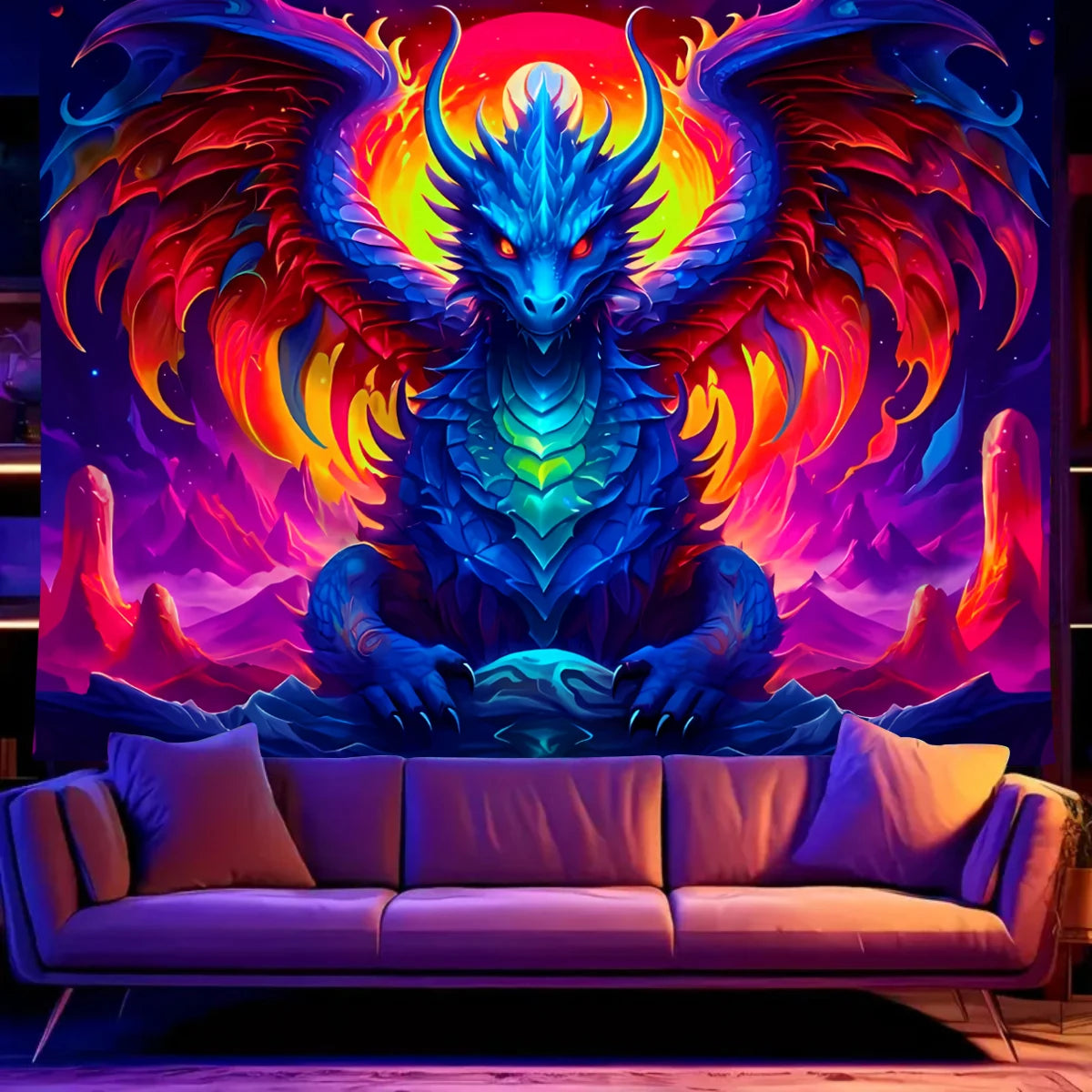 Tapisserie Murale Dragon Néon - Art Fantastique Psychédélique, Décoration Murale Colorée