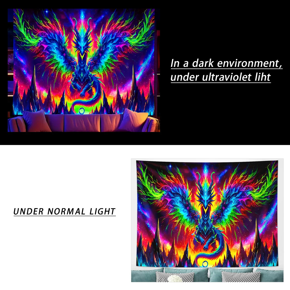 Tapisserie Murale Dragon Néon - Art Fantastique Psychédélique, Décoration Murale Colorée