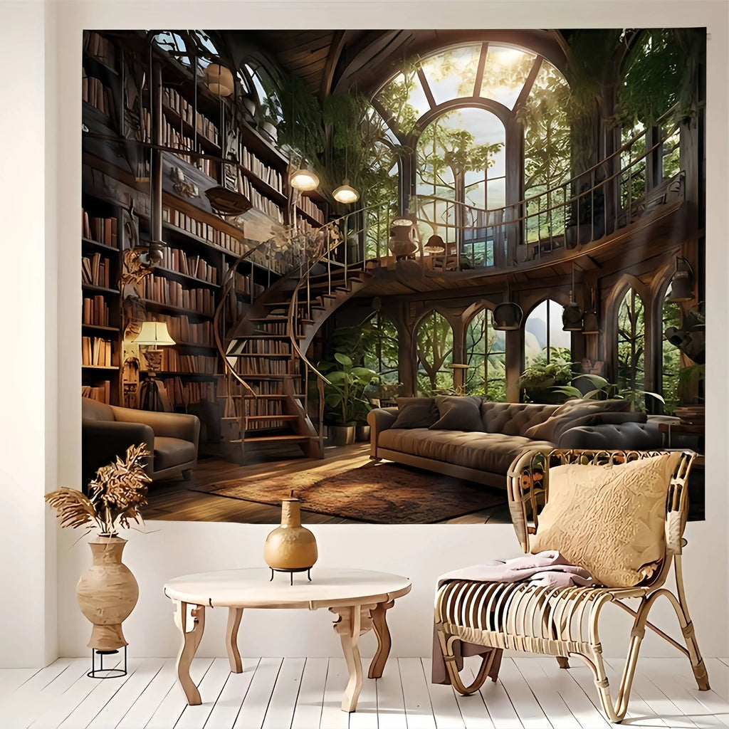 Tapisserie Murale Bibliothèque Magique - Grande Salle en Bois & Escalier en Colimaçon