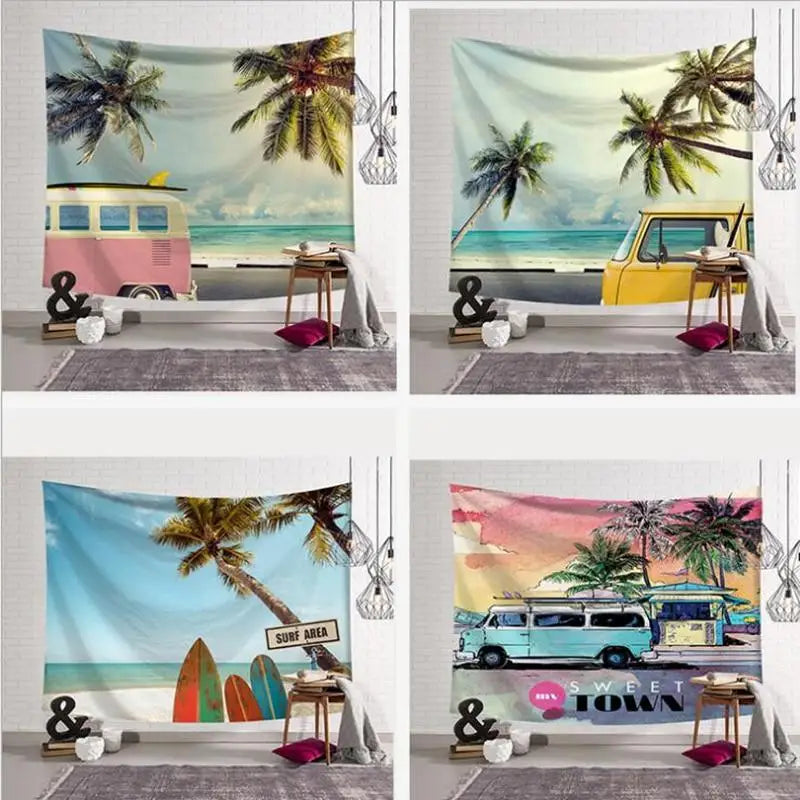 Tapisserie Murale Summer Time - Van Surf & Plage Tropicale