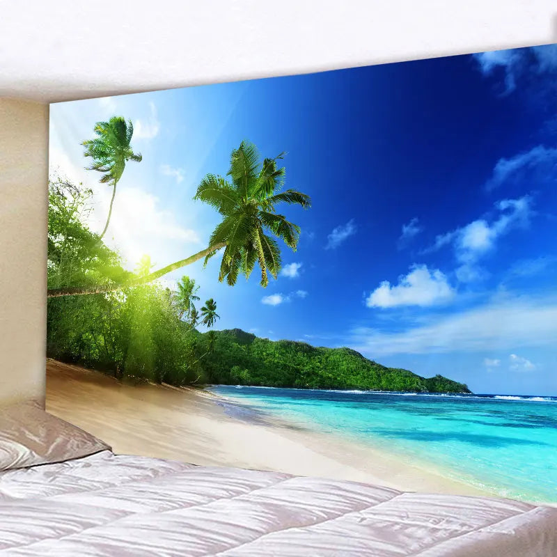 Tapisserie Murale Plage Surf - Décoration Tropicale avec Palmiers & Océan