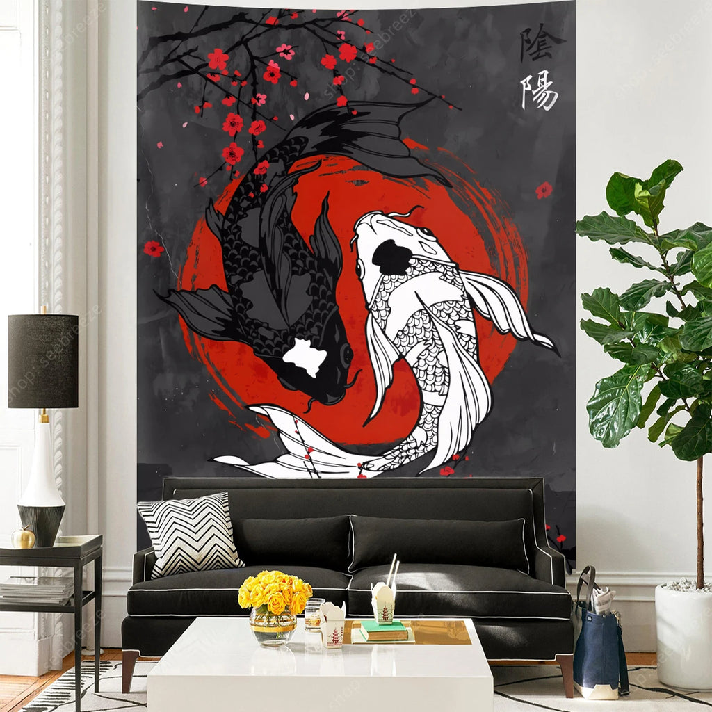 Tapisserie Murale Japonaise Koi Yin Yang - Décoration Zen, Carpes Rouge & Noir