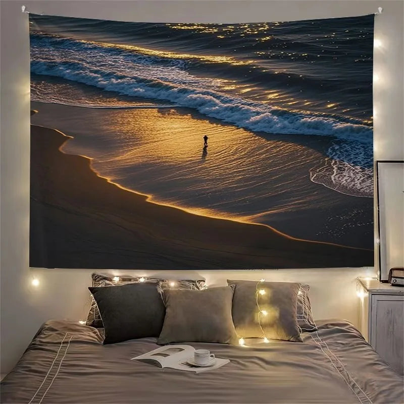 Tapisserie Murale Plage Noir & Or - Déco Murale Coucher du Soleil