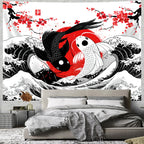 Tapisserie Murale Japonaise Koi Yin Yang - Décoration Zen, Carpes Rouge & Noir