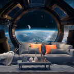 Tapisserie Hublot Spatial - Vue de la Terre depuis l'Espace, Décoration Sci-Fi