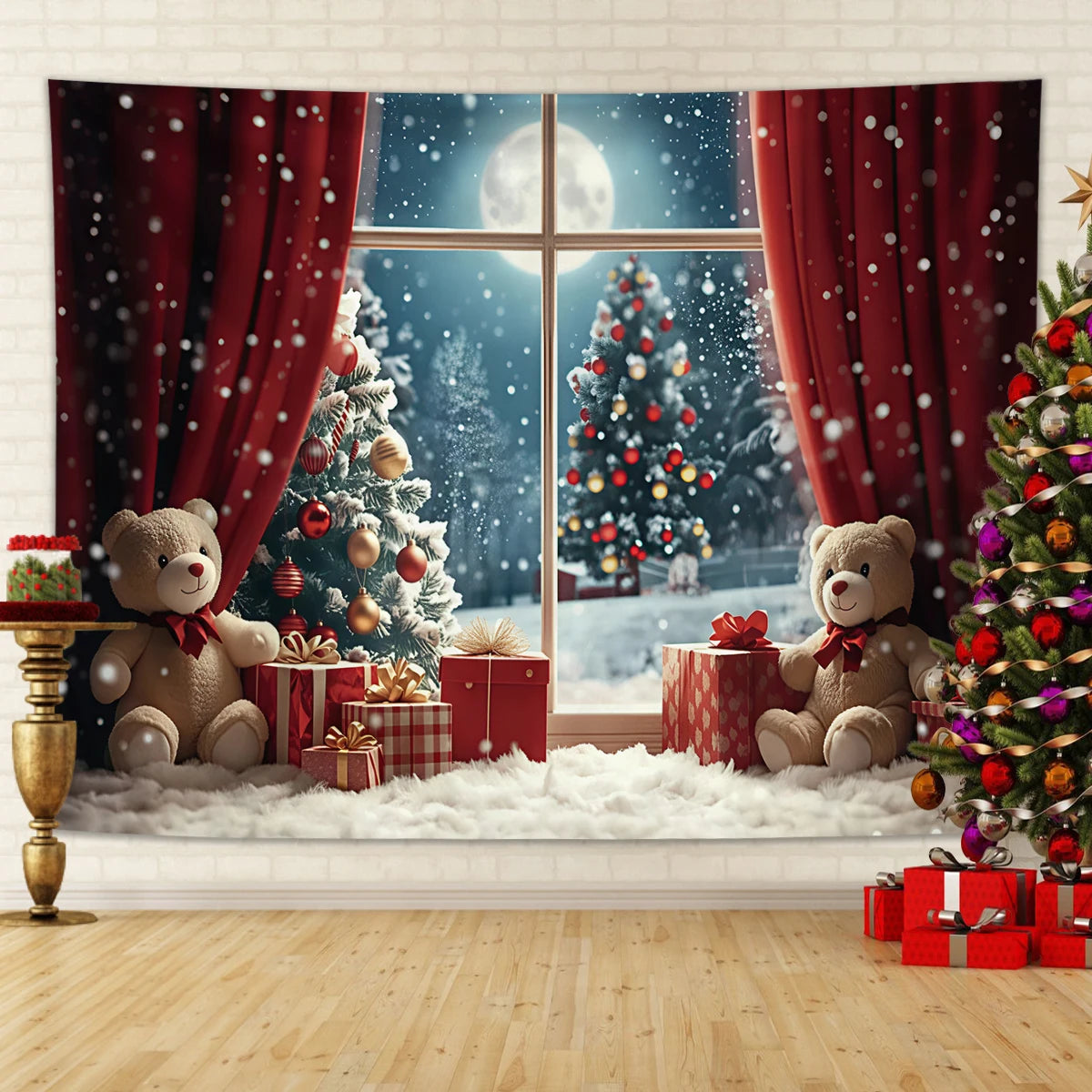 Tapisserie Murale de Noël - Ours en Peluche, Sapins & Neige - Décoration Festive