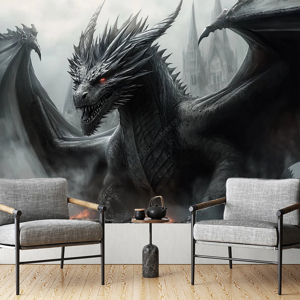 Tapisserie Murale Dragon Noir - Créature Fantastique & Décor Dark Fantasy