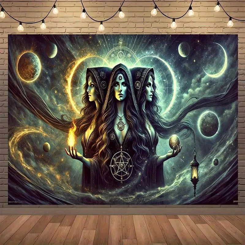 Tapisserie Murale Sorcière Triple Déesse - Art Ésotérique & Mystique, Décoration Occulte & Spirituelle