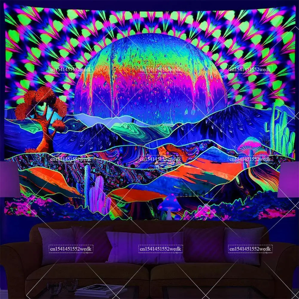 Tapisserie Murale Cosmos Néon - Planète à Anneaux & Paysage Futuriste