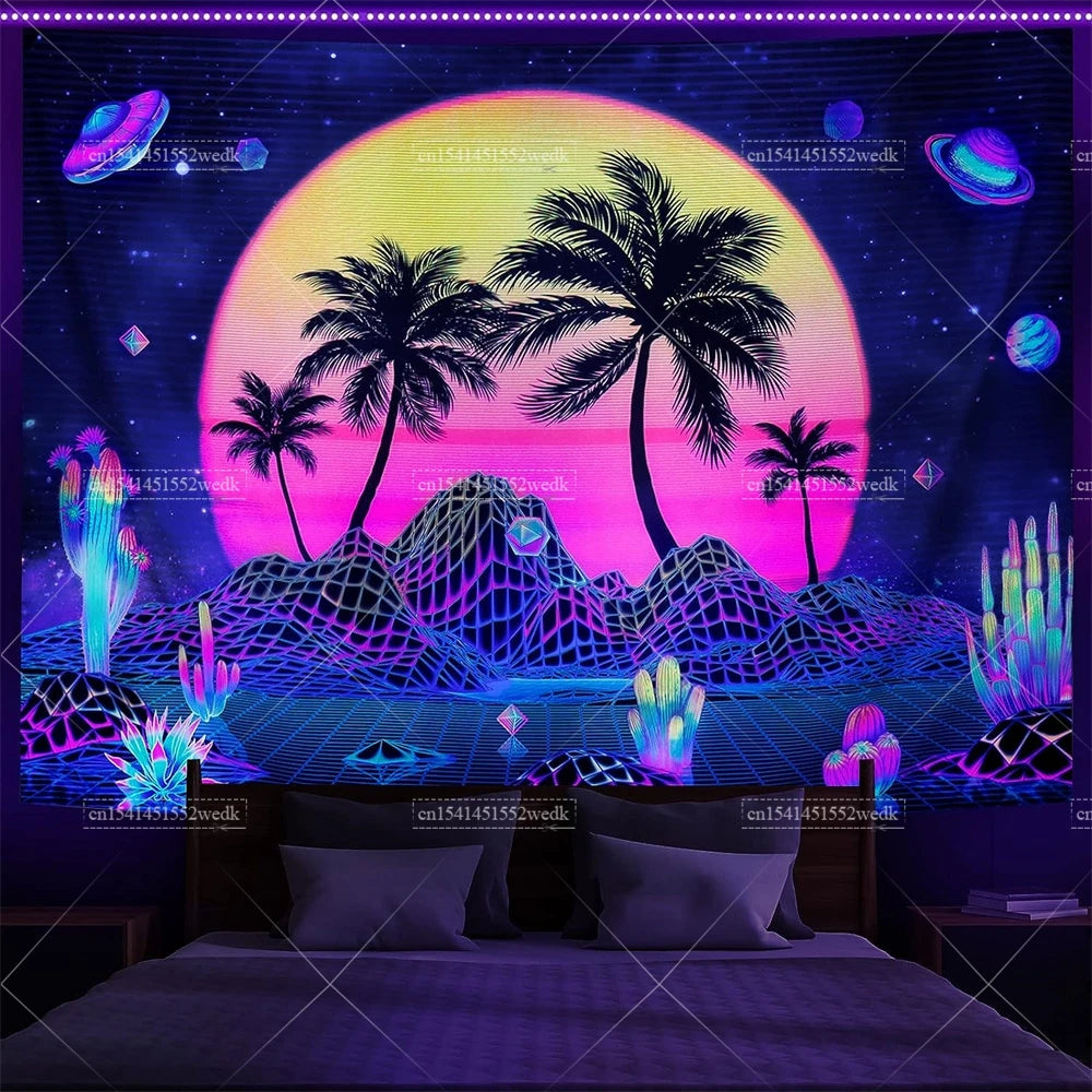 Tapisserie Murale Cosmos Néon - Planète à Anneaux & Paysage Futuriste