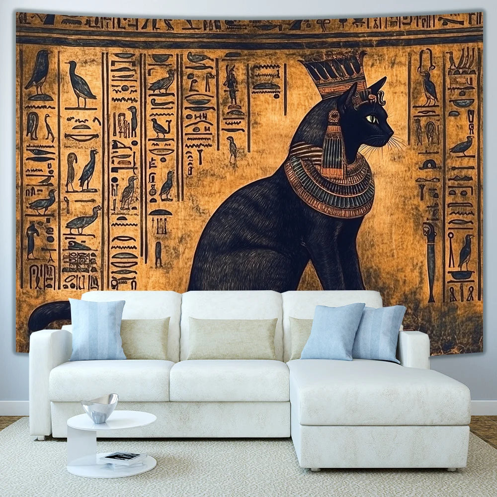 Tapisserie Murale Chat Egyptien - Art de l'Egypte Antique & Hiéroglyphes Dorés