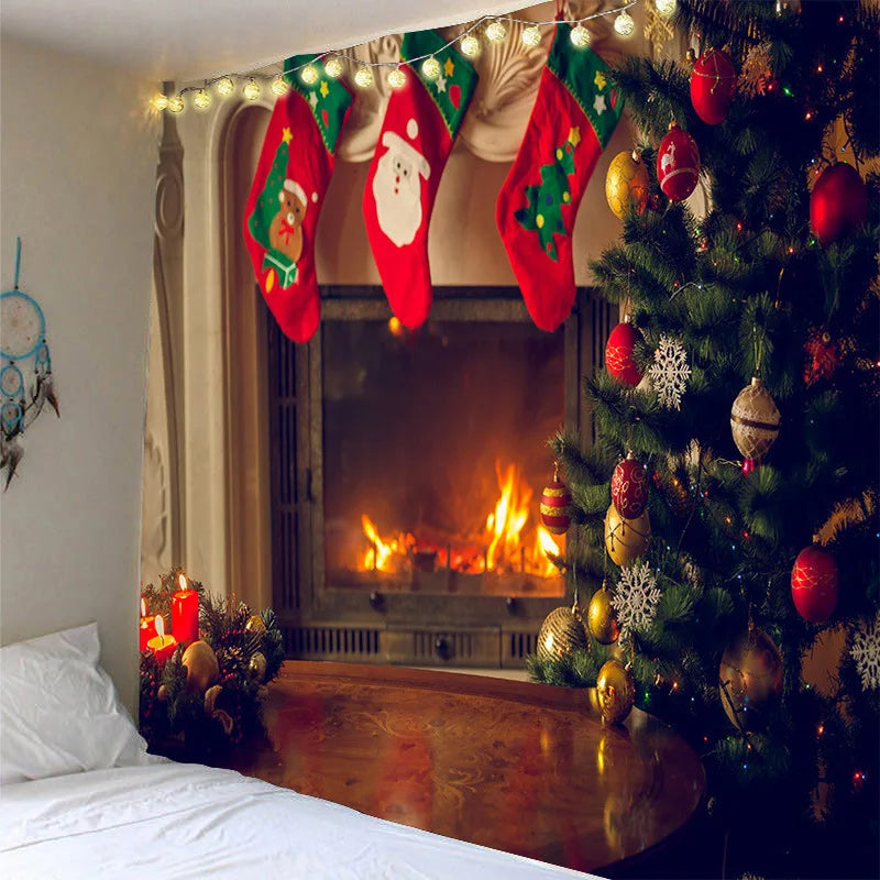 Tapisserie Murale Noël - Père Noël en Traineau & Rennes au-dessus de la Ville Enneigée