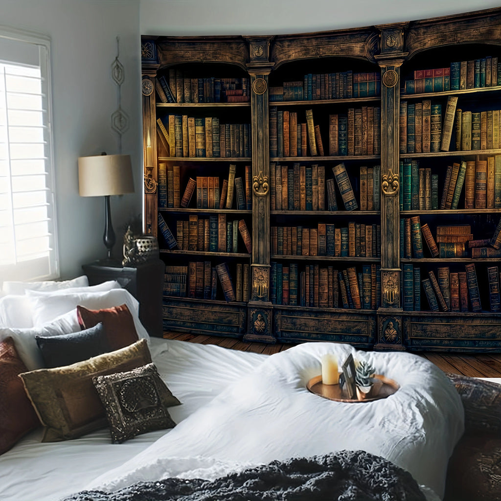 Tapisserie Murale Bibliothèque Magique - Grande Salle en Bois & Escalier en Colimaçon