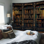 Tapisserie Murale Bibliothèque Magique - Grande Salle en Bois & Escalier en Colimaçon