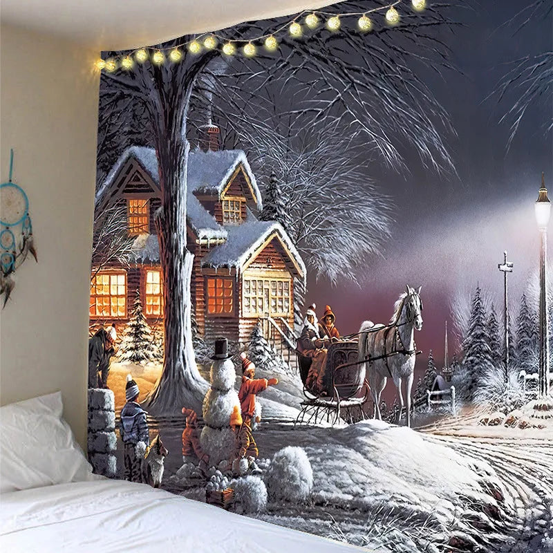 Tapisserie Murale Noël - Père Noël en Traineau & Rennes au-dessus de la Ville Enneigée