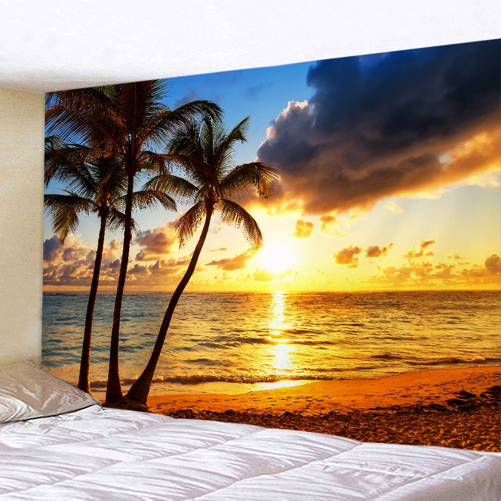 Tapisserie Murale Plage Surf - Décoration Tropicale avec Palmiers & Océan