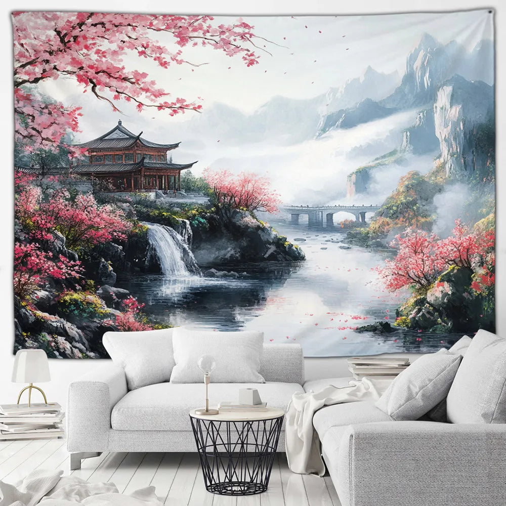 Tapisserie Japonaise Sakura - Montagnes & Fleurs de Cerisiers - Décoration Zen