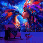 Tapisserie Murale Femme & Oiseau Mythique - Tenture Fantasy Galactique, Décoration Murale Néon
