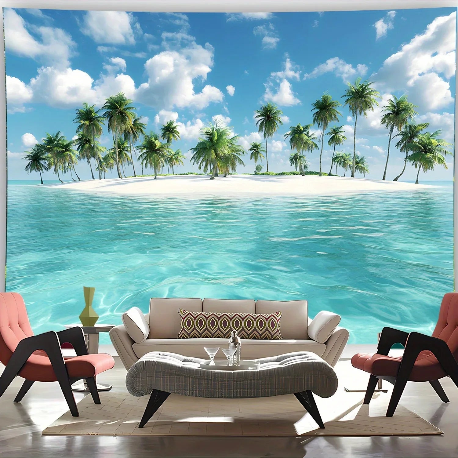 Tapisserie Murale Plage Tropicale - Eau Turquoise & Palmiers - Décoration Paradisiaque