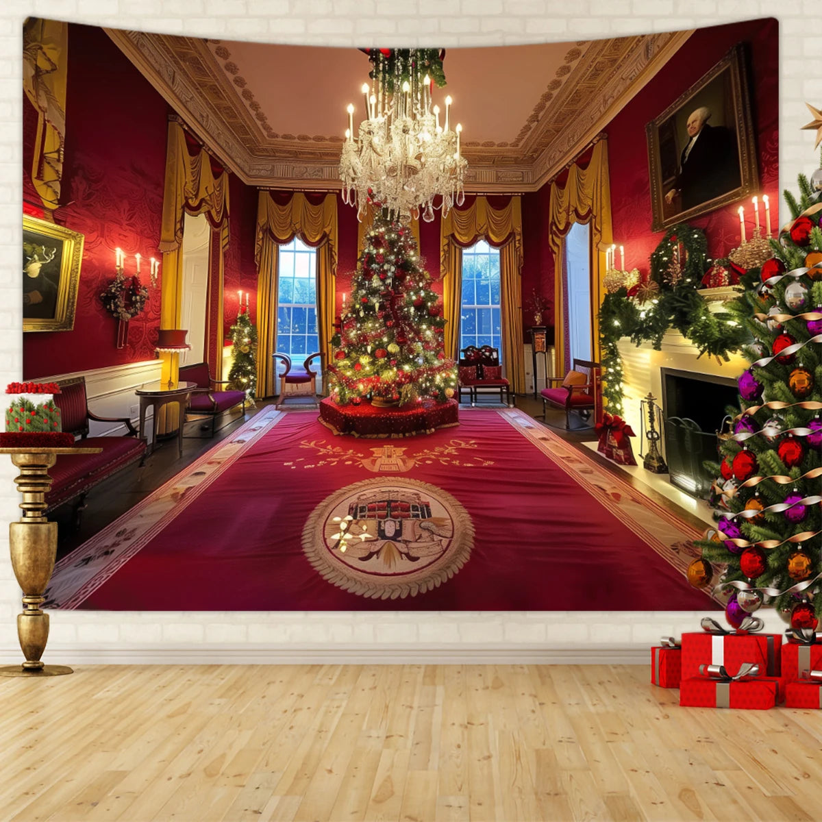Tapisserie Murale de Noël - Sapin, Bougies & Cadeaux - Décoration Festive Cosy
