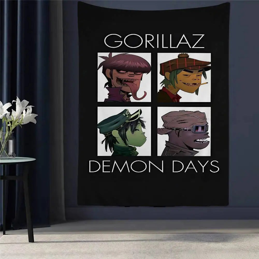 Tapisserie Murale Style Gorillaz - Tenture Art Cartoon Urbain, Décoration Murale Moderne