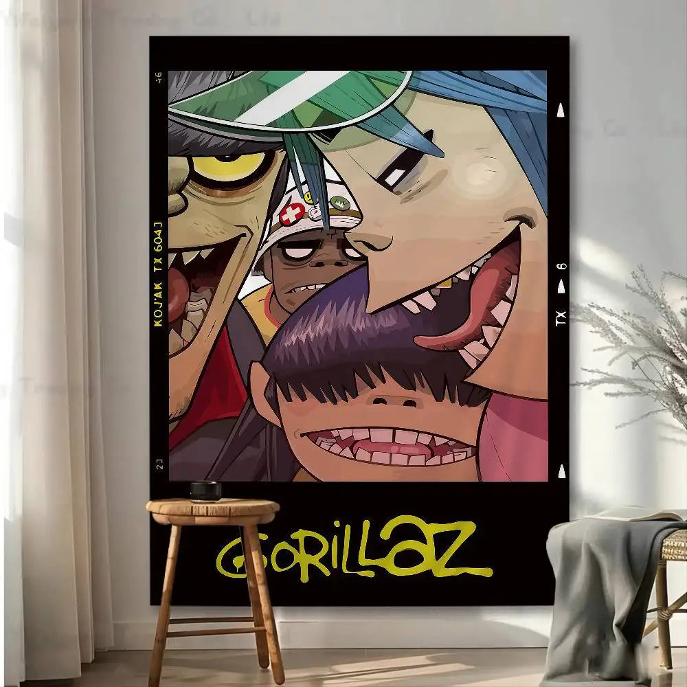 Tapisserie Murale Style Gorillaz - Tenture Art Cartoon Urbain, Décoration Murale Moderne