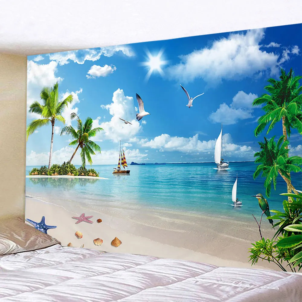 Tapisserie Murale Vue Méditerranéenne - Terrasse Fleurie & Village au Bord de l'Eau